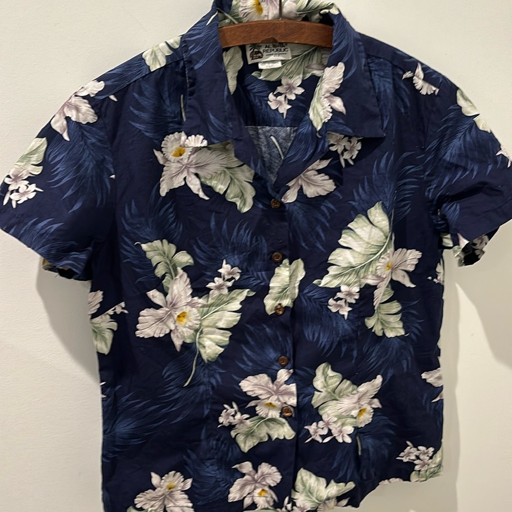 Vintage Aloha Republic Hawaiian shirt, navy/green/white/purple, cotton, size M